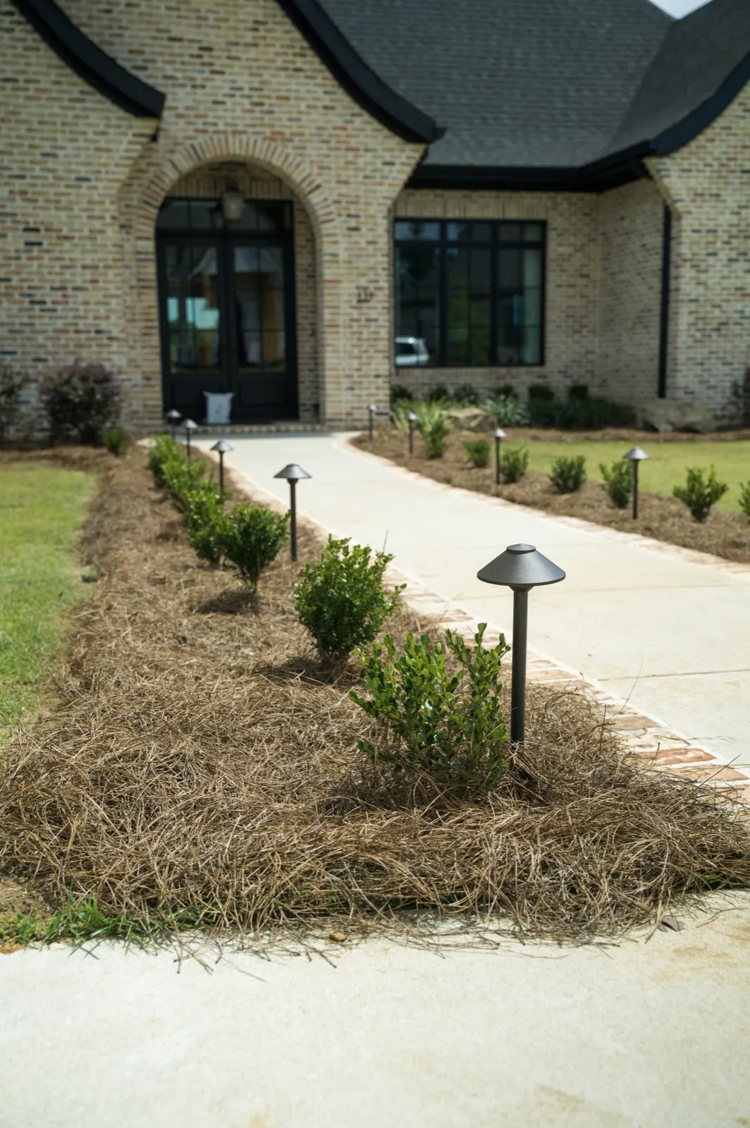 Brick-edged concrete walkway to the front door of a brick home in Fairhope, Alabama, with path lights set into pine-straw beds