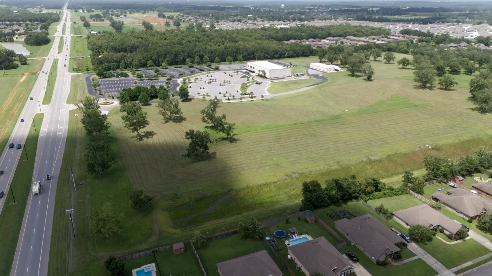 Aerial view of mowed commercial grounds in Loxley, Alabama
